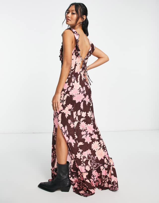 Free People bloom floral print floaty maxi slip dress in chocolate and pink