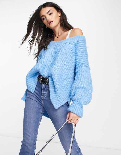 Free People Blue Bell oversized v-neck sweater in blue | ASOS