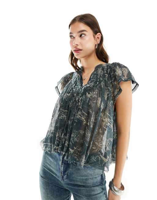 Free People - Blusa a punto smock verde intenso in voile con stampa a fiori