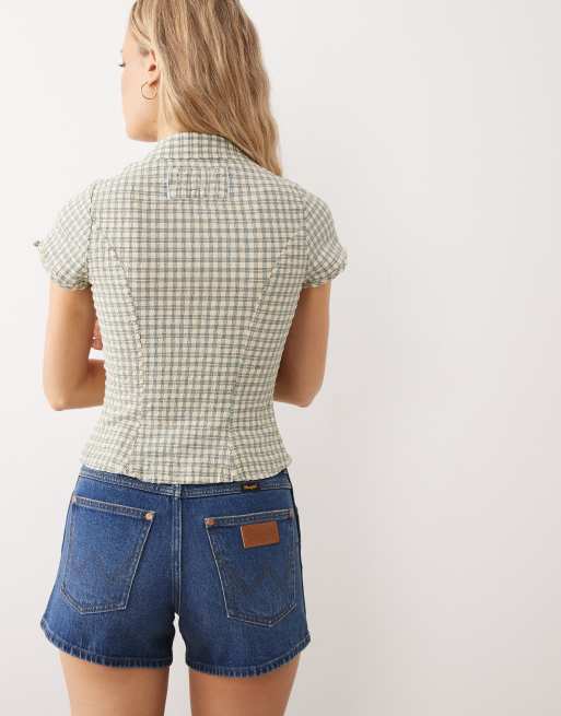 Free People - Blusa aderente a maniche corte a quadretti neutri, 4 di 4