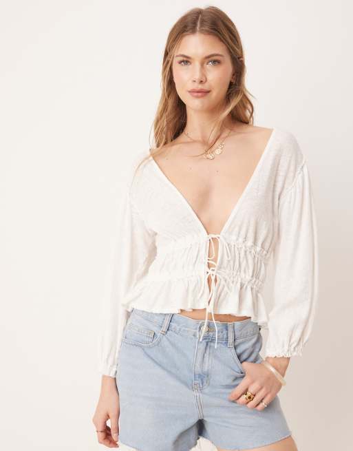 Free People - Blusa color avorio in jersey allacciata sul davanti