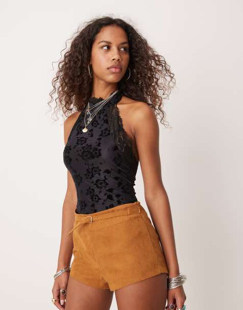 Free People - Body à motif fleuri floqué avec détails en dentelle - Noir - view 1