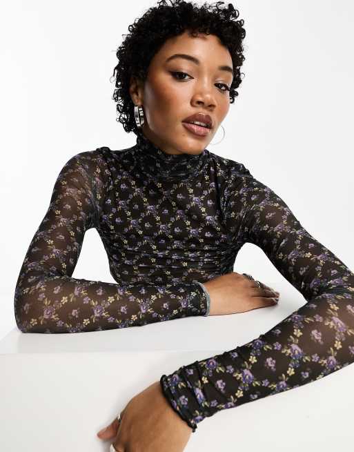 Free People - Body van mesh met print in marineblauw