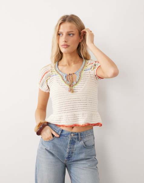 Free People boho crochet pull over top with multi colour contrast in tofu  - view 1