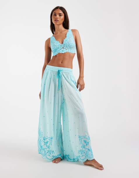 Free People boho embroidery lounge pants in waterspout blue - view 1
