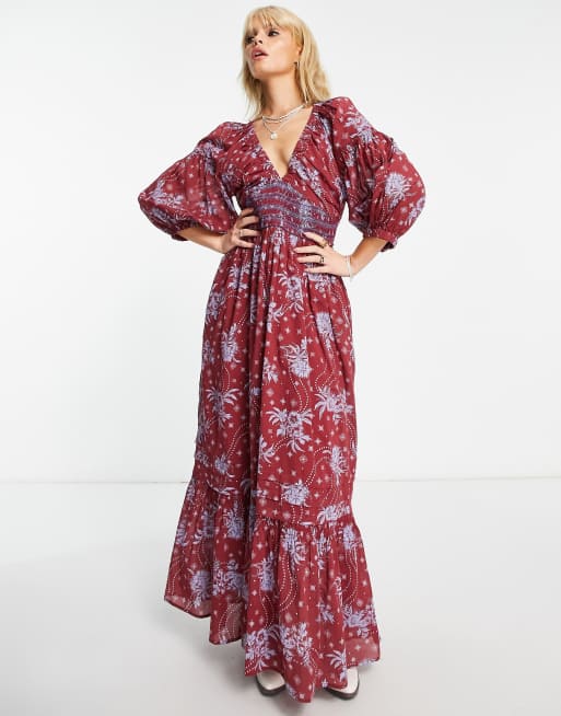 Free People - Boho maxi-jurk met bloemenprint in wijnrood 