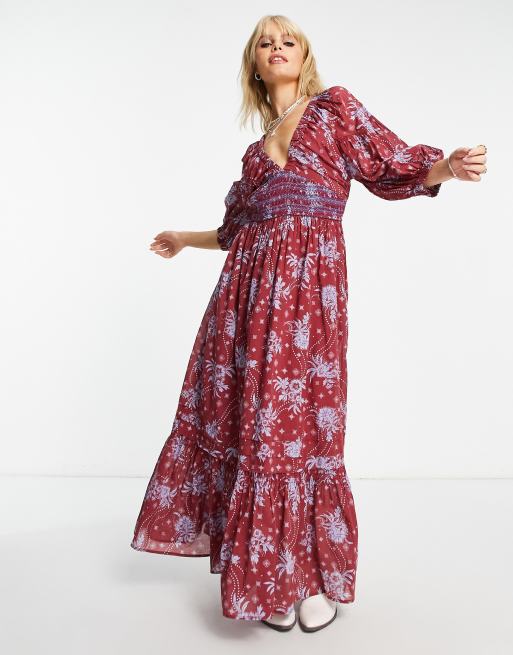 Free People - Boho maxi-jurk met bloemenprint in wijnrood | ASOS