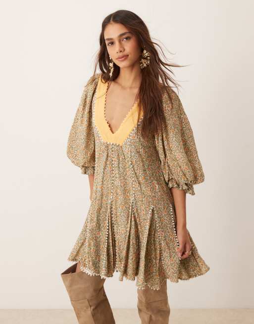 Free People - Boho mini-jurk met fijne bloemenprint en pofmouwen in groen