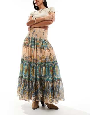 Free People boho print tiered maxi skirt in multi