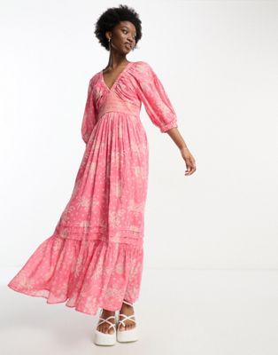 Free People boho print v-neck maxi dress in electro pink | ASOS