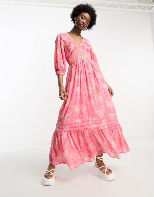 Free People boho print v-neck maxi dress in electro pink | ASOS