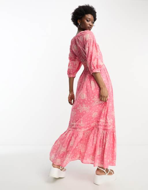 Free People boho print v neck maxi dress in electro pink ASOS