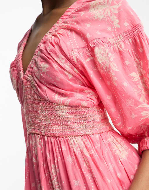 Free People boho print v-neck maxi dress in electro pink, 3 of 4