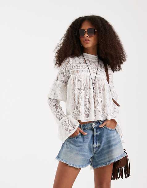 Free People boho ruffle long sleeve lace blouse in ivory