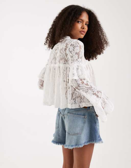 Free People boho ruffle long sleeve lace blouse in ivory, 4 of 4