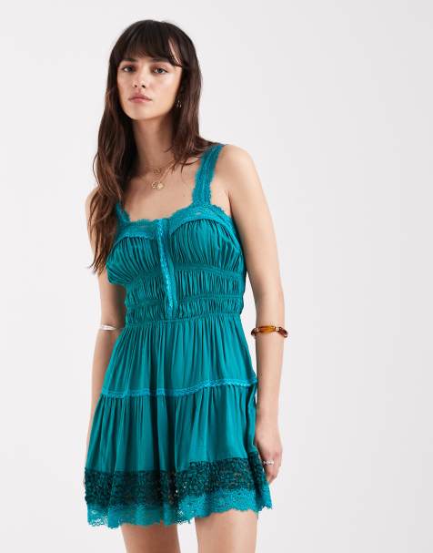 Free People Boho so in love slip dress with lace detailing in teal sapphire - view 1