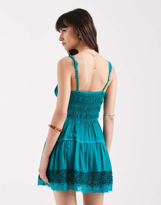 Free People Boho so in love slip dress with lace detailing in teal sapphire 