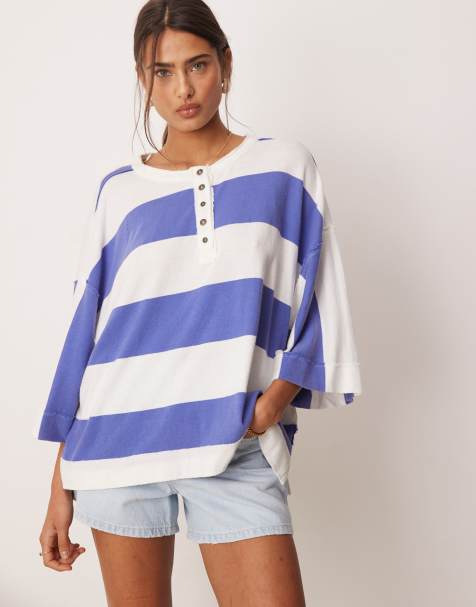 Free People bold stripe half button t-shirt in blue - view 1