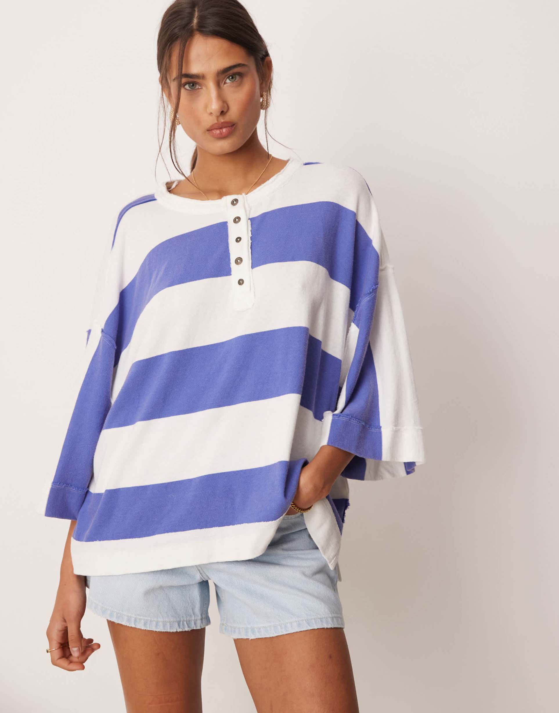 free people bold stripe half button t-shirt in blue