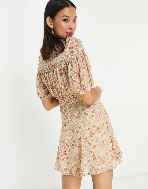 knee length dresses for ladies Free People Yellow Bonnie Floral Mini Dress (Small) – The Thrifty Hippy main image 0