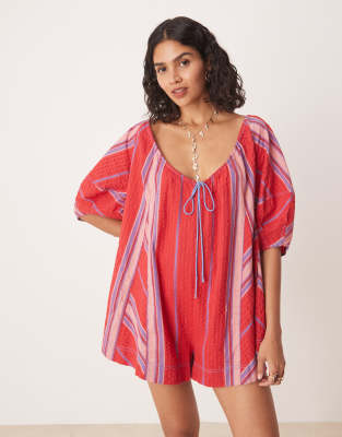 Free People bop around romper in seaside stripe red - view 1