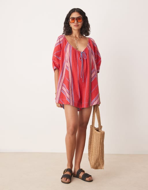 Free People - Bop Around - Tuta corta rossa a righe stile balneare, 4 di 4