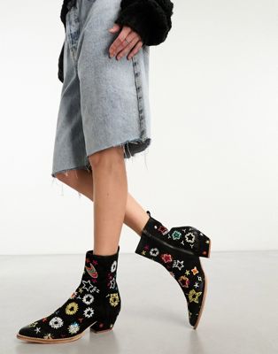 Free People suede bowers embroidered cowboy boot in black - ASOS Price Checker