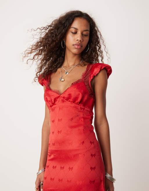 Free People bow print satin midi dress in red ASOS
