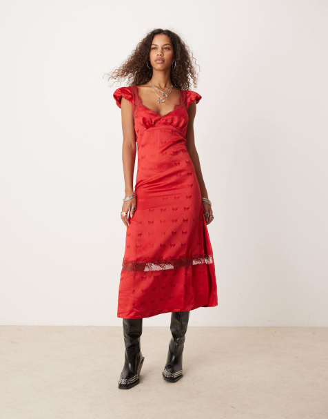 Free People bow print satin midi dress in red