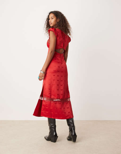 Free People bow print satin midi dress in red, 3 of 4