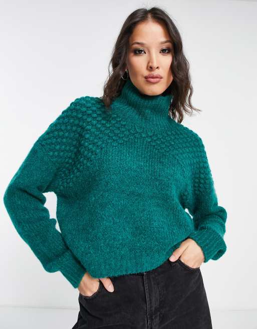 Free People bradley textured roll neck jumper in forest green | ASOS