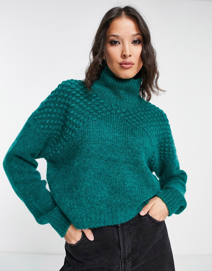 Free People Bradley textured roll neck sweater in forest green