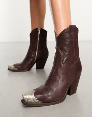 Free People brayden leather toe-cap detail cowboy ankle boots in hot fudge - ASOS Price Checker