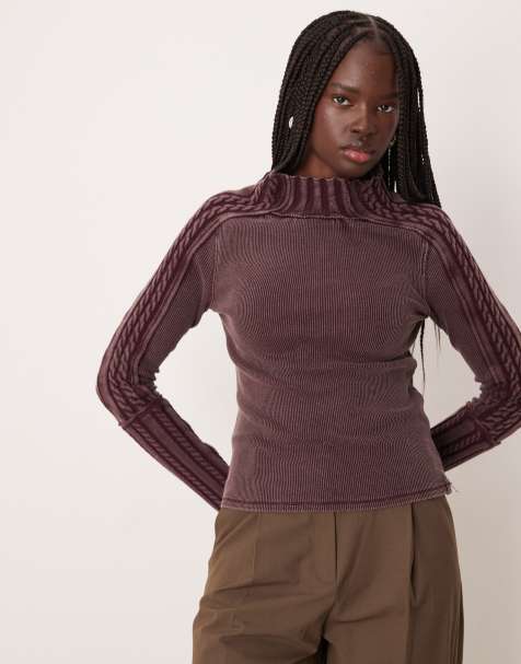 Free People – Breezy – Vintagelila, ribbstickad tröja med långa ärmar och hög krage - view 1