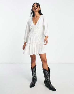 Free People broderie detail boho smock dress in white
