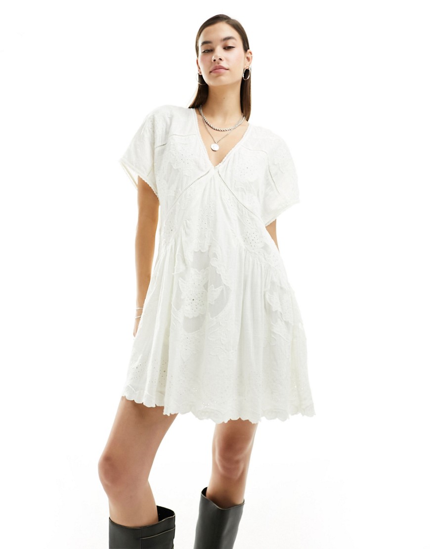 Free People broderie insert mini dress in ivory-White
