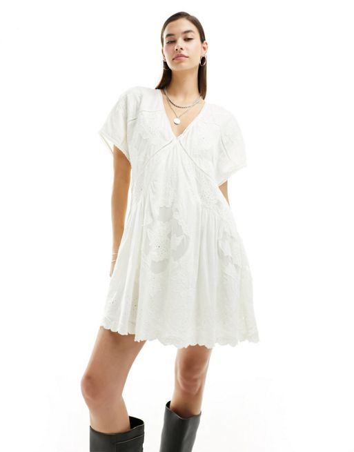 Free People broderie insert mini dress in ivory | ASOS