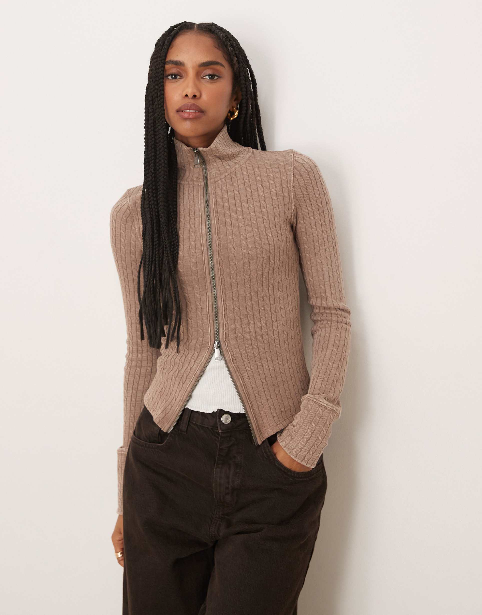 free people brunch girl long sleeve zip up cardigan in dusted cocoa