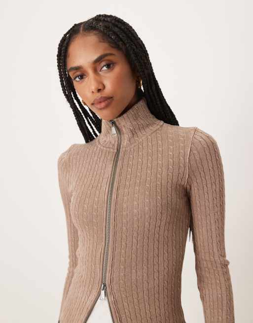 Free People brunch girl long sleeve zip up cardigan in dusted