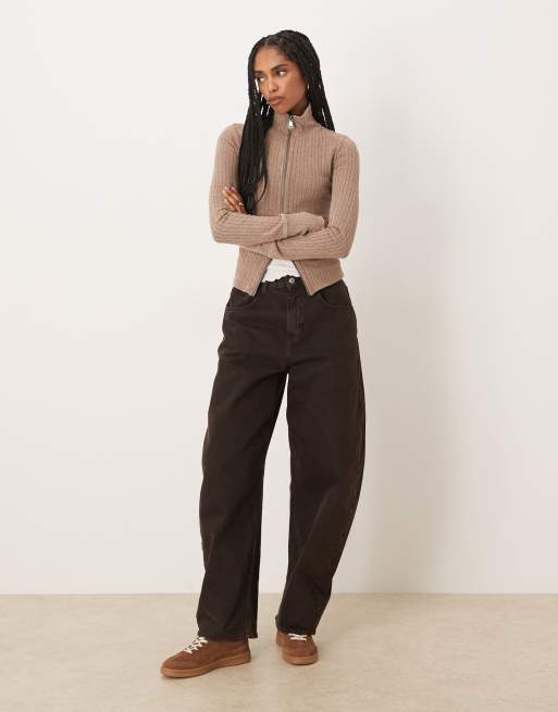 Free People brunch girl long sleeve zip up cardigan in dusted cocoa, 3 of 4