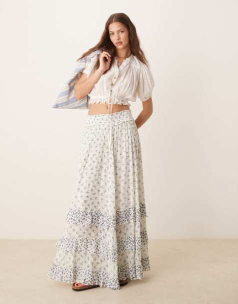 Free People brynn micro floral tiered maxi skirt in ivory - view 1