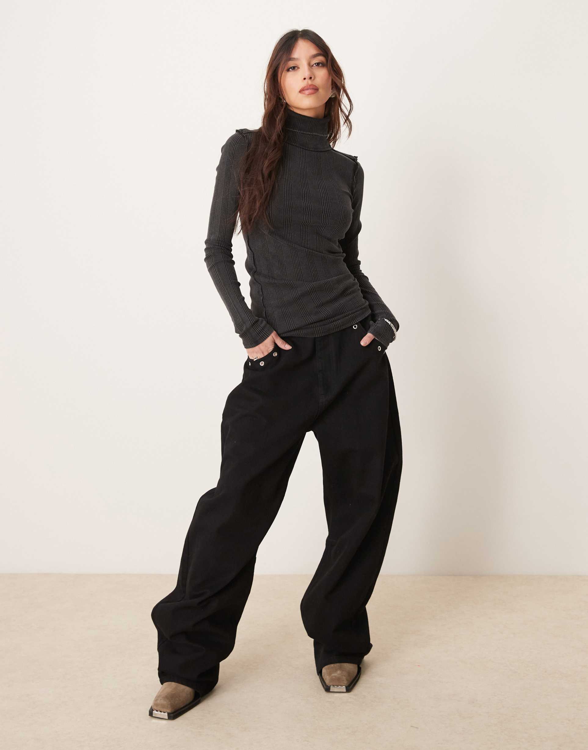 free people brynn ribbed detail turtleneck in black
