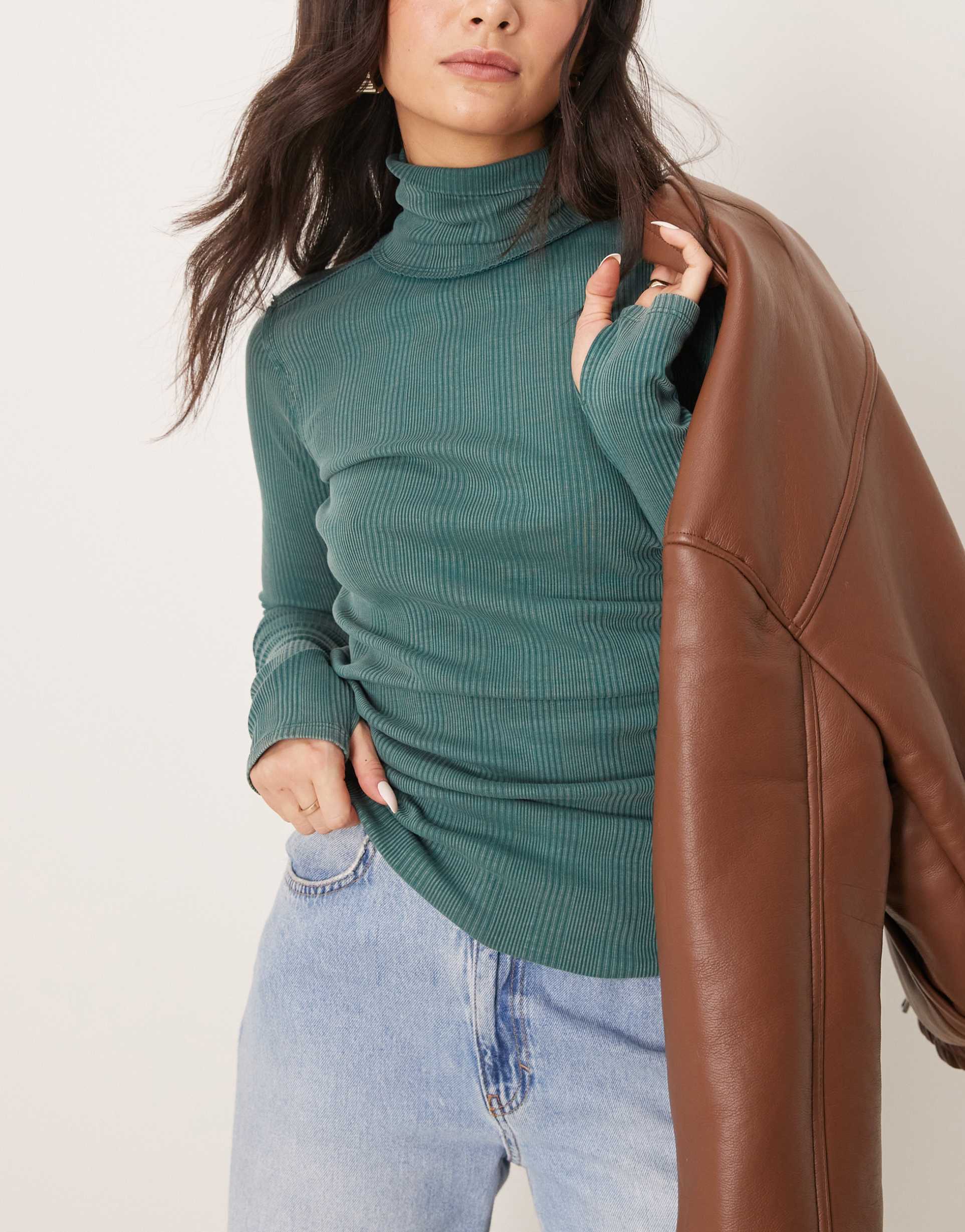 free people brynn ribbed detail turtleneck in green