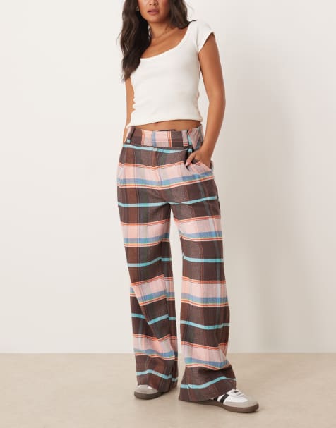 Free People buckle back plaid trouser in brown combo - view 1