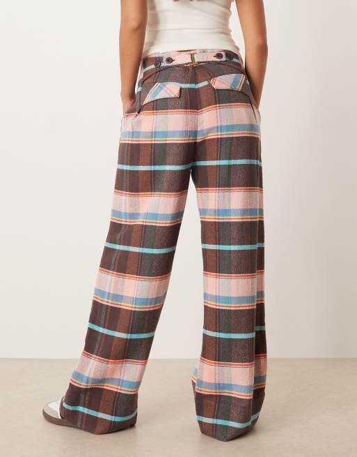 Free People buckle back plaid trouser in brown combo, 3 of 5