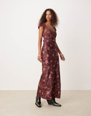 Free People butterfly babe floral print satin midaxi dress in brown