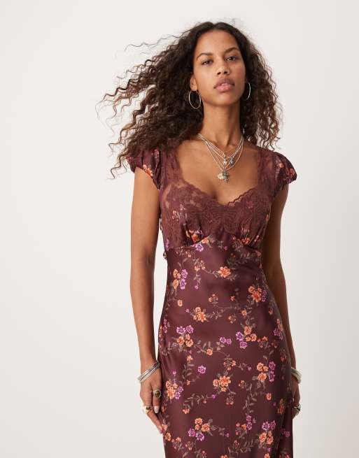 Free People butterfly babe floral print satin midaxi dress in brown