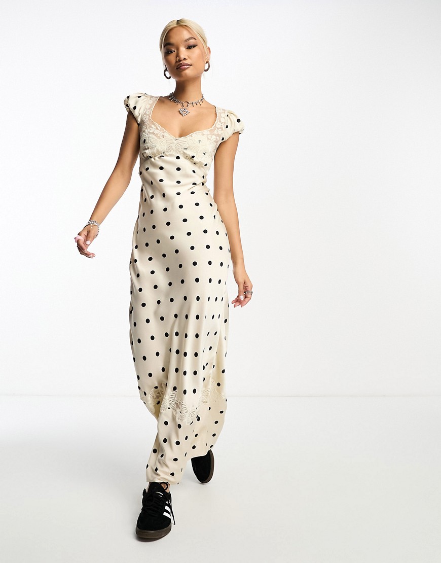 Free People butterfly lace polka dot satin maxi dress in oyster-Multi