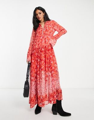 Free People button detail floral print maxi dress in coral