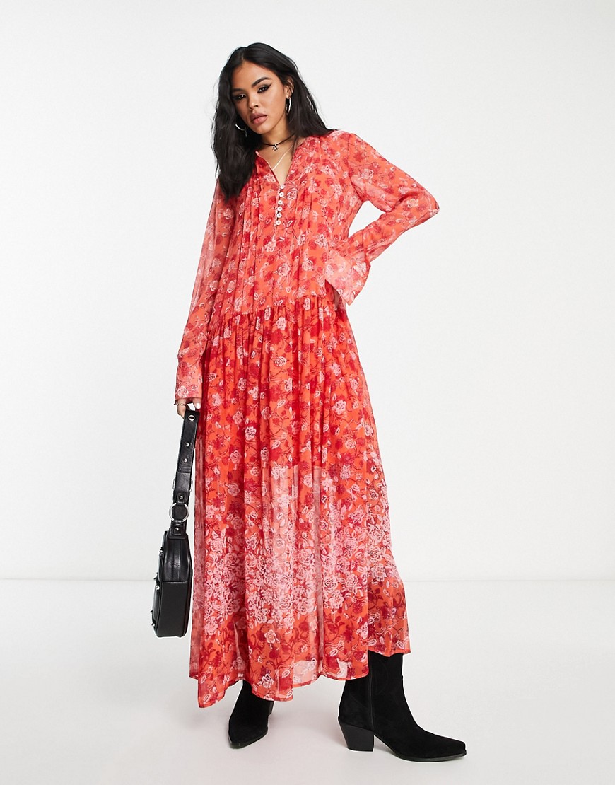Free People button detail floral print maxi dress in coral-Pink
